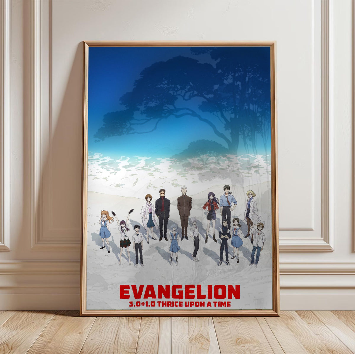 Evangelion: 3.0+1.0 Thrice Upon a Time (2021) Movie Key Art poster in a light oak frame leaning against a white wall