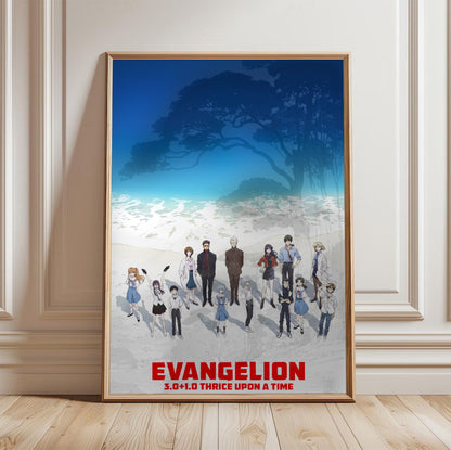 Evangelion: 3.0+1.0 Thrice Upon a Time (2021) Movie Key Art poster in a light oak frame leaning against a white wall