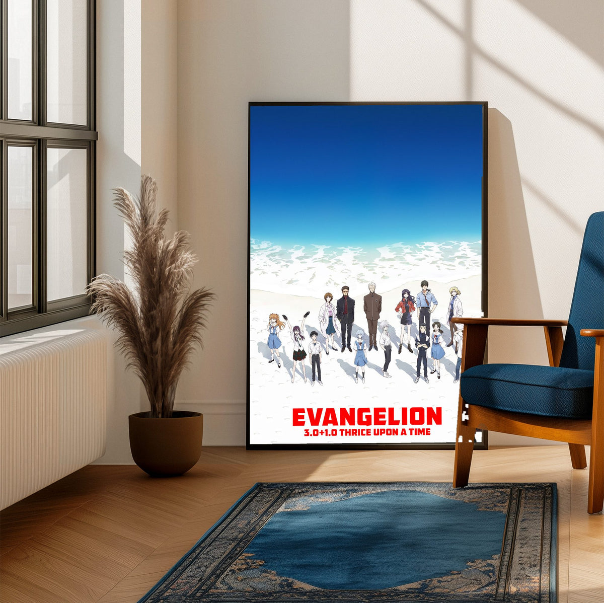 Evangelion: 3.0+1.0 Thrice Upon a Time (2021) Movie Key Art poster framed beside a blue armchair in a sunlit room