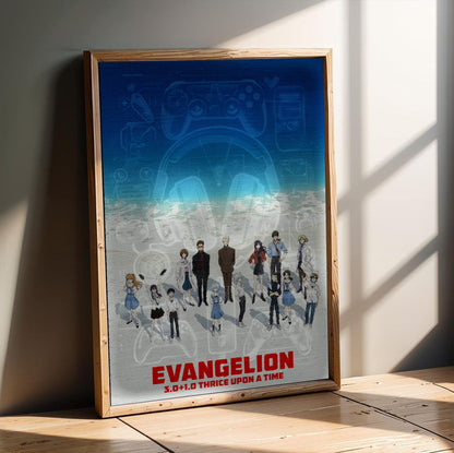 Evangelion: 3.0+1.0 Thrice Upon a Time (2021) Movie Key Art poster in an oak frame leaning on a wooden floor
