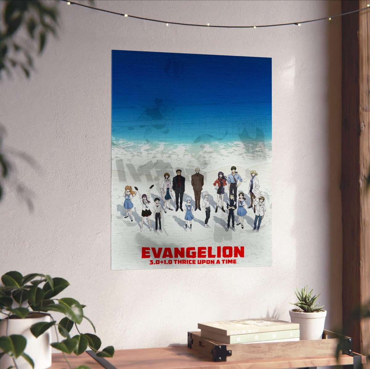 Evangelion: 3.0+1.0 Thrice Upon a Time (2021) Movie Key Art poster unframed on a white wall above a desk