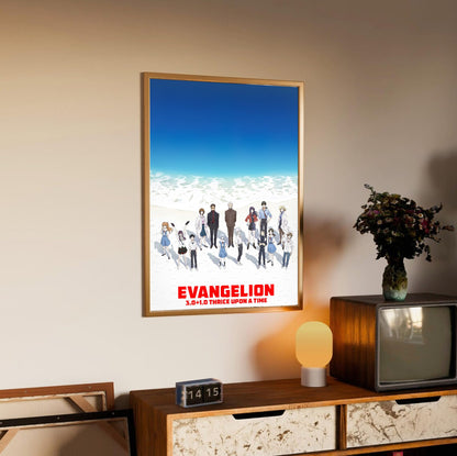 Evangelion: 3.0+1.0 Thrice Upon a Time (2021) Movie Key Art poster in an oak frame above a sideboard