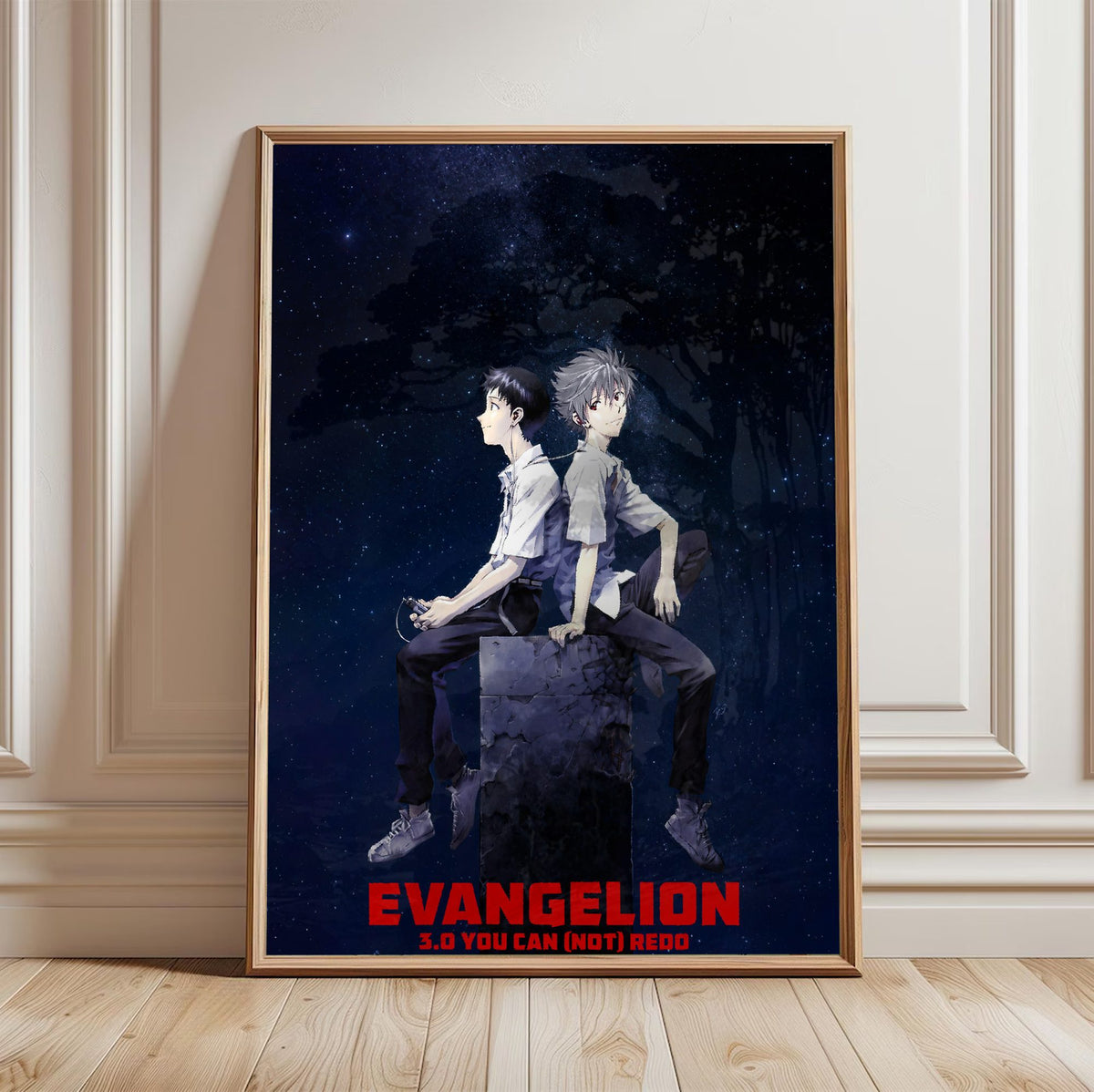Evangelion: 3.0 You Can (Not) Redo (2012) Movie Key Art poster in a light oak frame leaning against a white wall