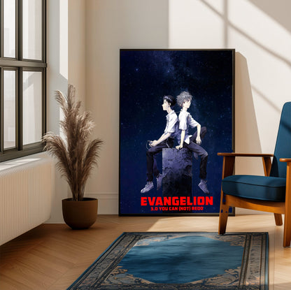 Evangelion: 3.0 You Can (Not) Redo (2012) Movie Key Art poster framed beside a blue armchair in a sunlit room