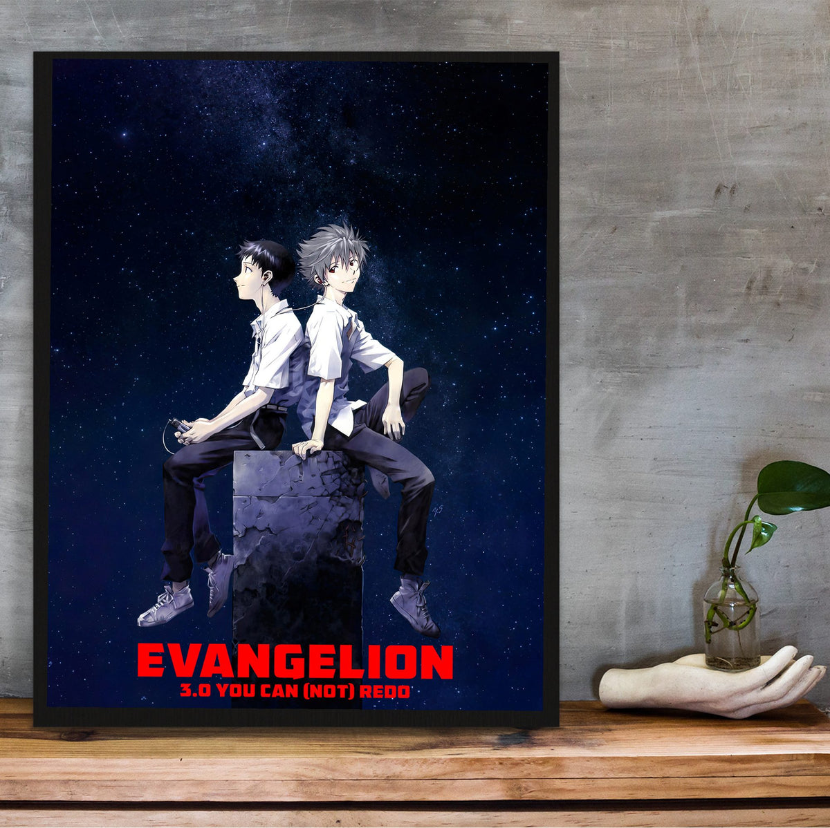 Evangelion: 3.0 You Can (Not) Redo (2012) Movie Key Art poster in a black frame on a wooden shelf against concrete
