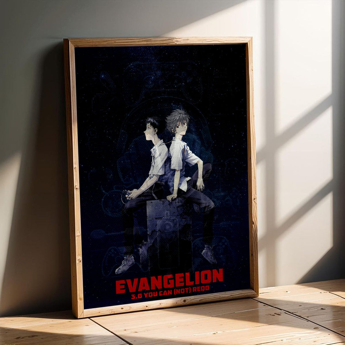 Evangelion: 3.0 You Can (Not) Redo (2012) Movie Key Art poster in an oak frame leaning on a wooden floor