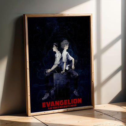 Evangelion: 3.0 You Can (Not) Redo (2012) Movie Key Art poster in an oak frame leaning on a wooden floor