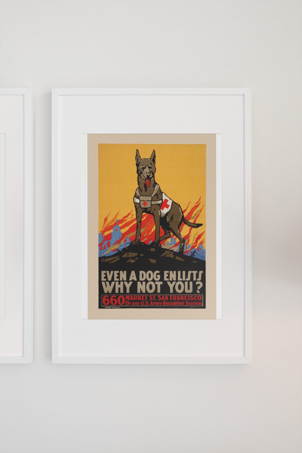 Even a Dog Enlists poster on a light wall