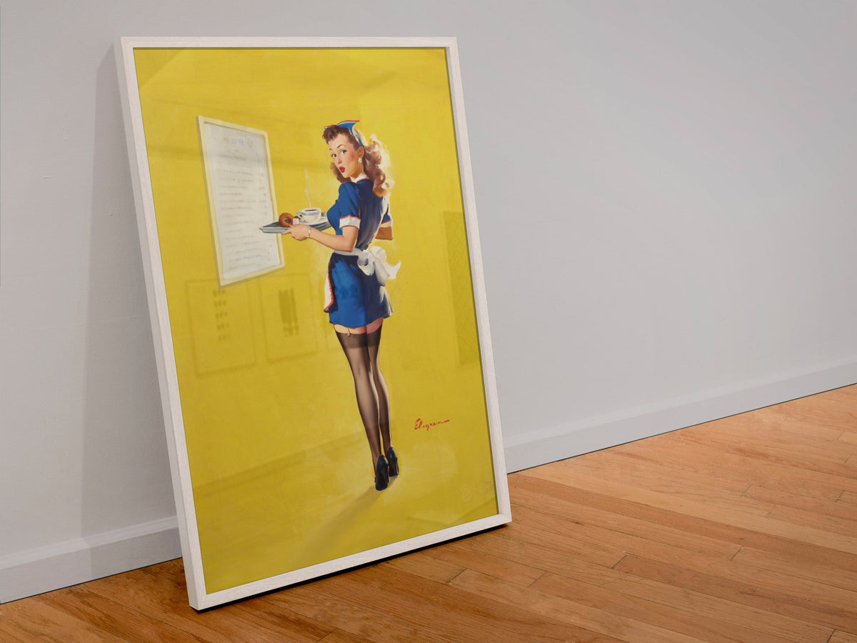 Everything Seems Awfully High by Gil Elvgren, pin-up poster — leaning frame