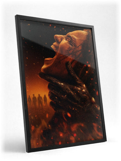 Evil Dead Burn (2026) Movie Key Art poster in a black frame with glass leaning against a wall