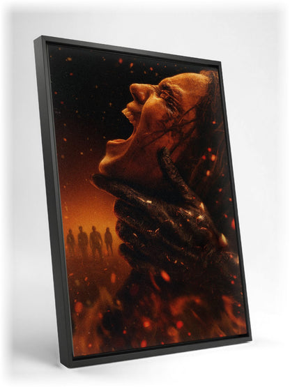 Evil Dead Burn (2026) Movie Key Art as a black floater framed canvas leaning against a wall
