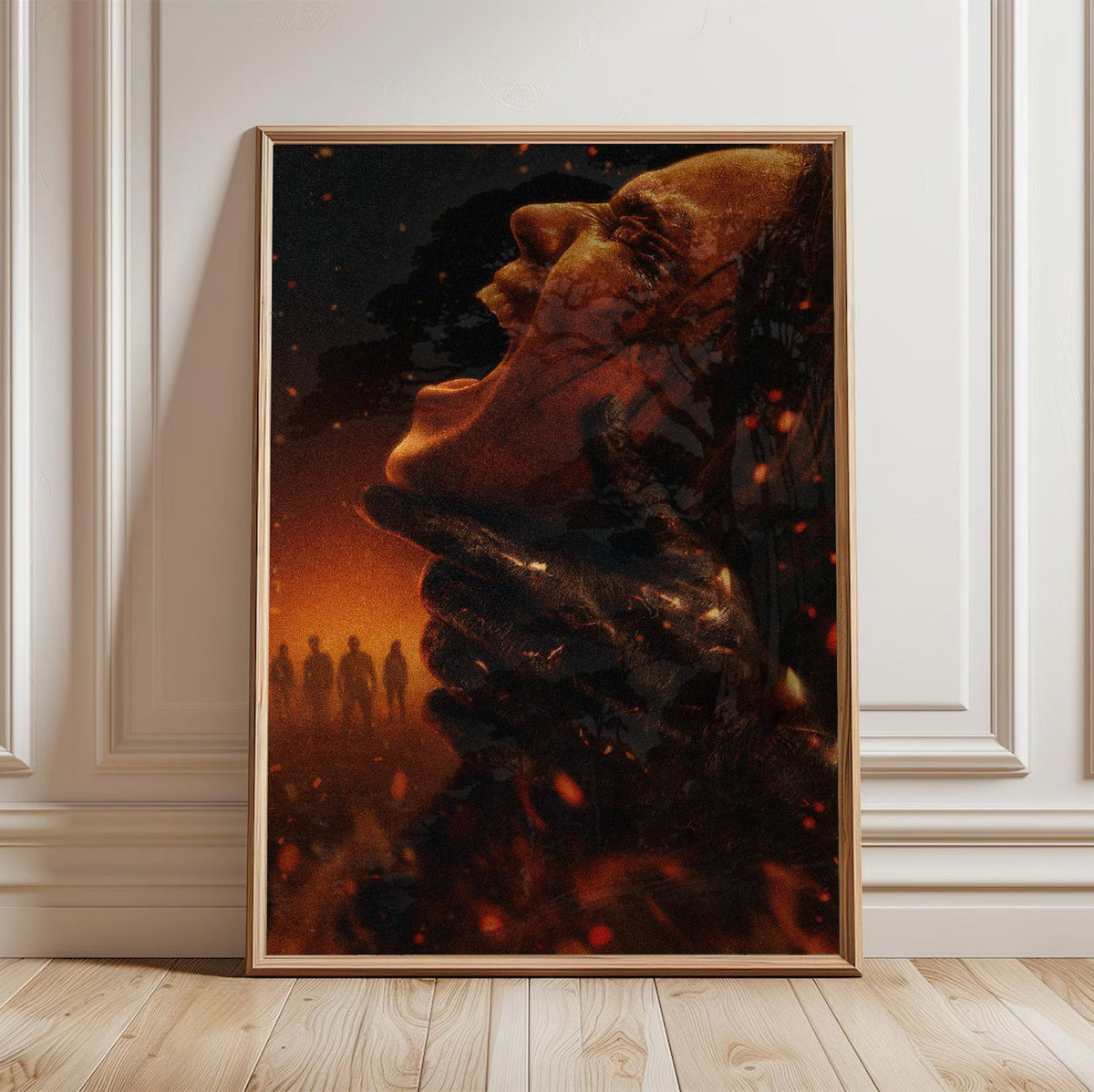Evil Dead Burn (2026) Movie Key Art poster in a light oak frame leaning against a white wall