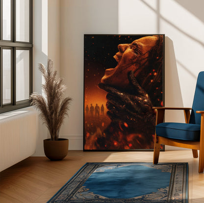 Evil Dead Burn (2026) Movie Key Art poster framed beside a blue armchair in a sunlit room