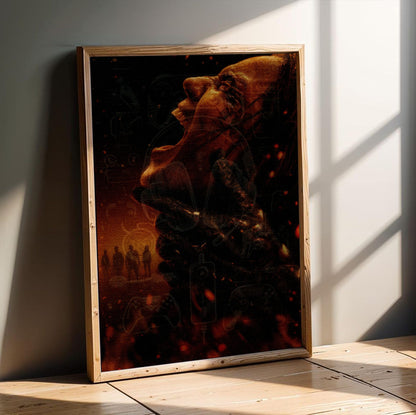 Evil Dead Burn (2026) Movie Key Art poster in an oak frame leaning on a wooden floor