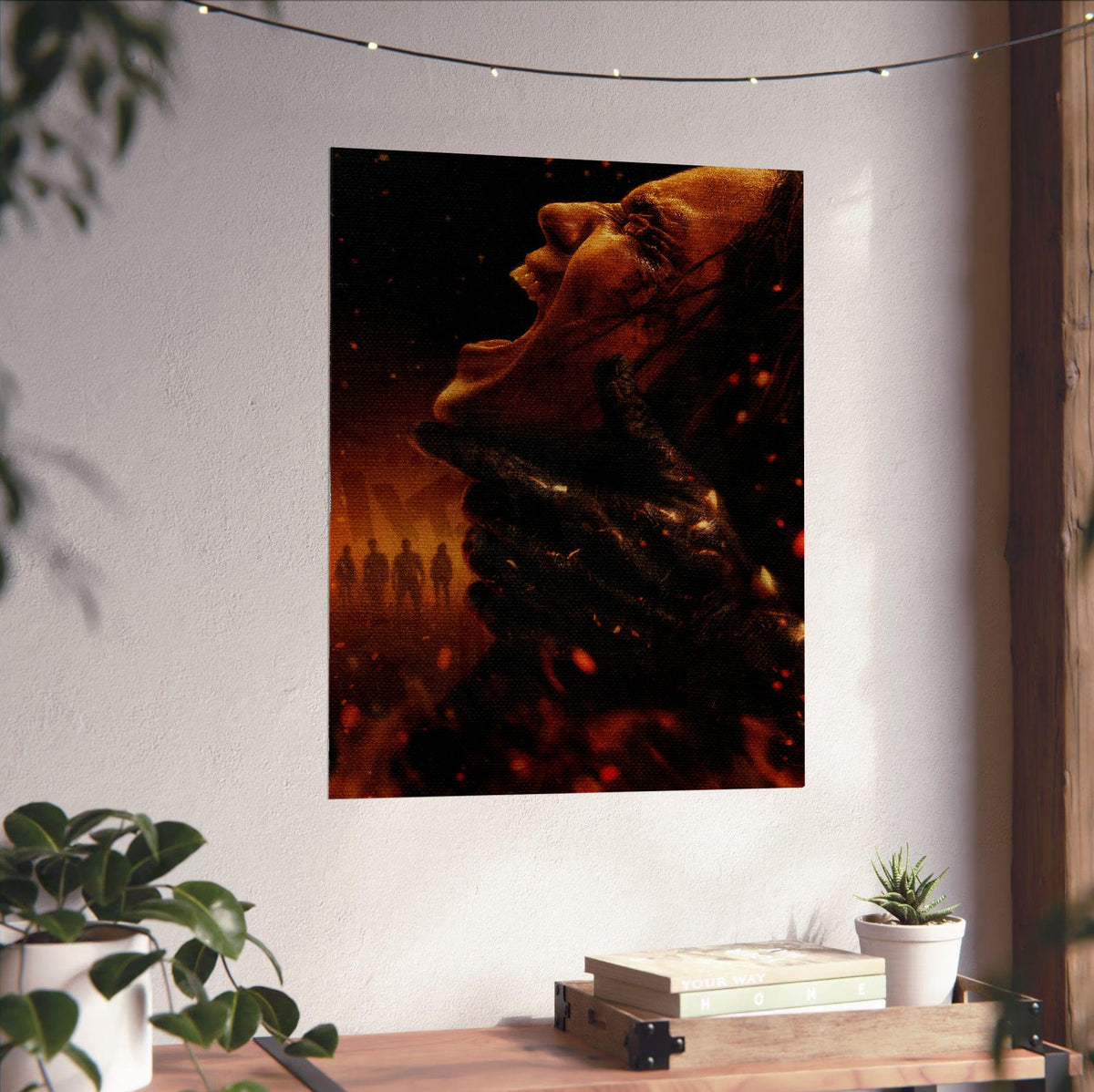 Evil Dead Burn (2026) Movie Key Art poster unframed on a white wall above a desk