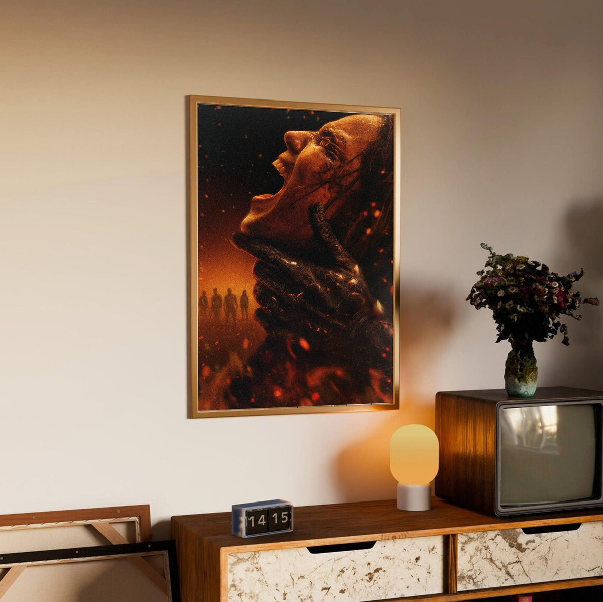 Evil Dead Burn (2026) Movie Key Art poster in an oak frame above a sideboard