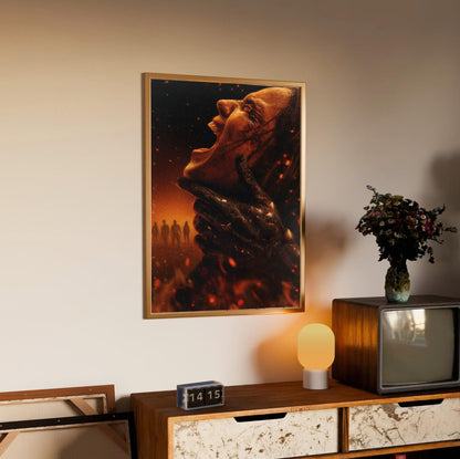 Evil Dead Burn (2026) Movie Key Art poster in an oak frame above a sideboard