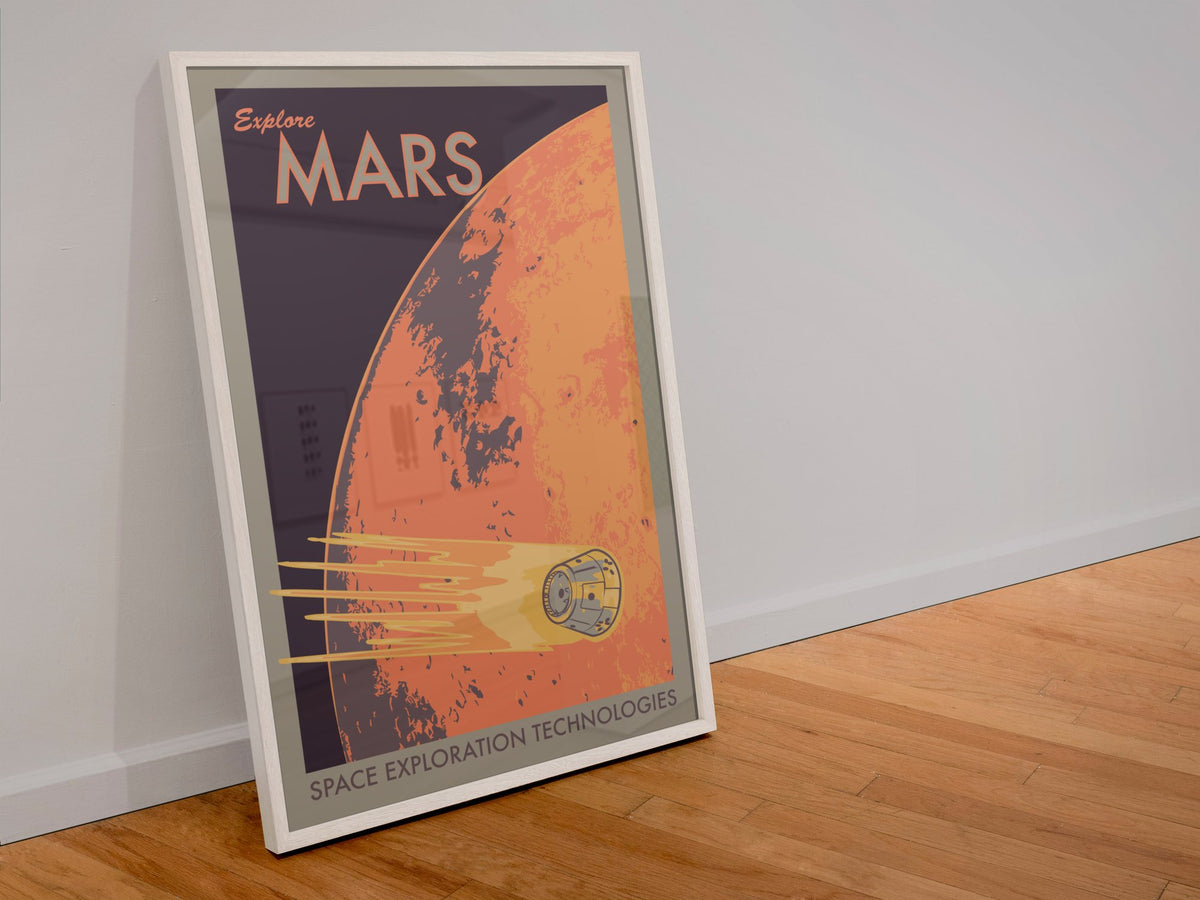 Explore Mars retro space travel poster in a white frame leaning against a wall