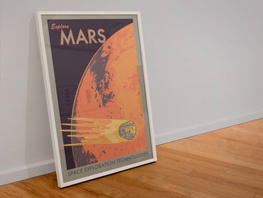 Explore Mars retro space travel poster in a white frame leaning against a wall