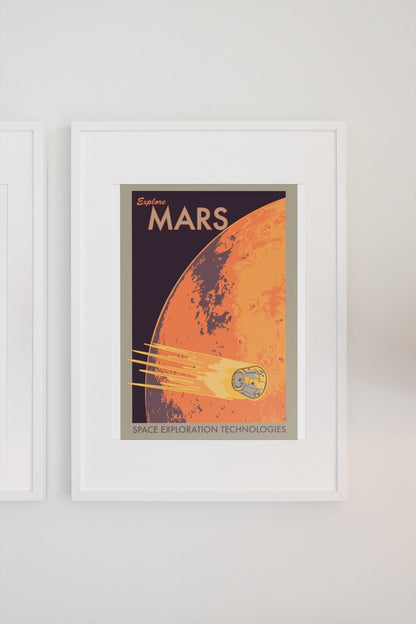 Explore Mars retro space travel poster in a white frame on a light wall