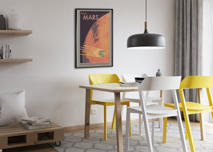 Explore Mars retro space travel poster framed above a dining table