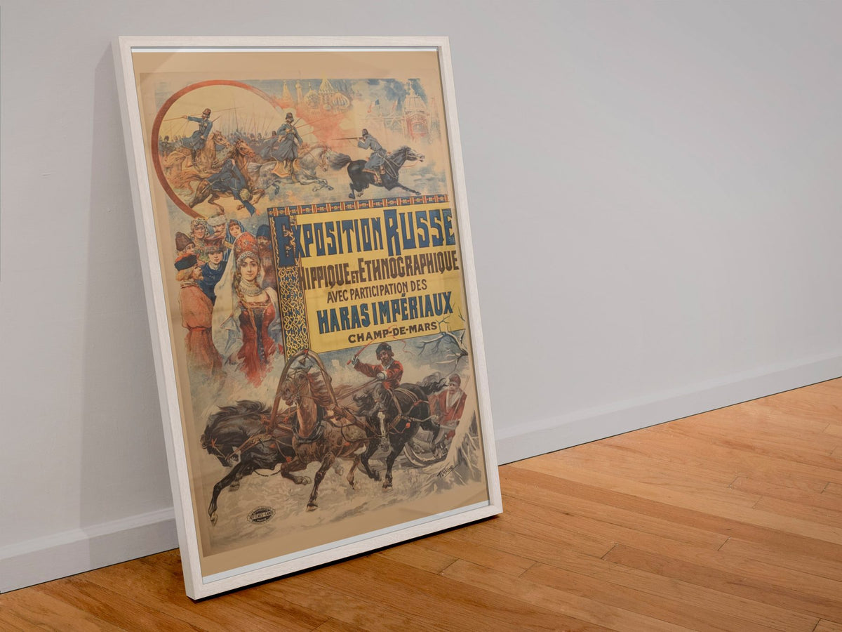 Exposition Russe poster in a white frame leaning against a wall