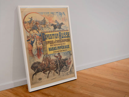 Exposition Russe poster in a white frame leaning against a wall