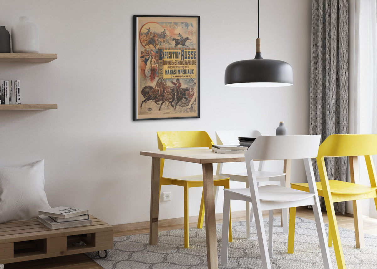 Exposition Russe poster framed above a dining table