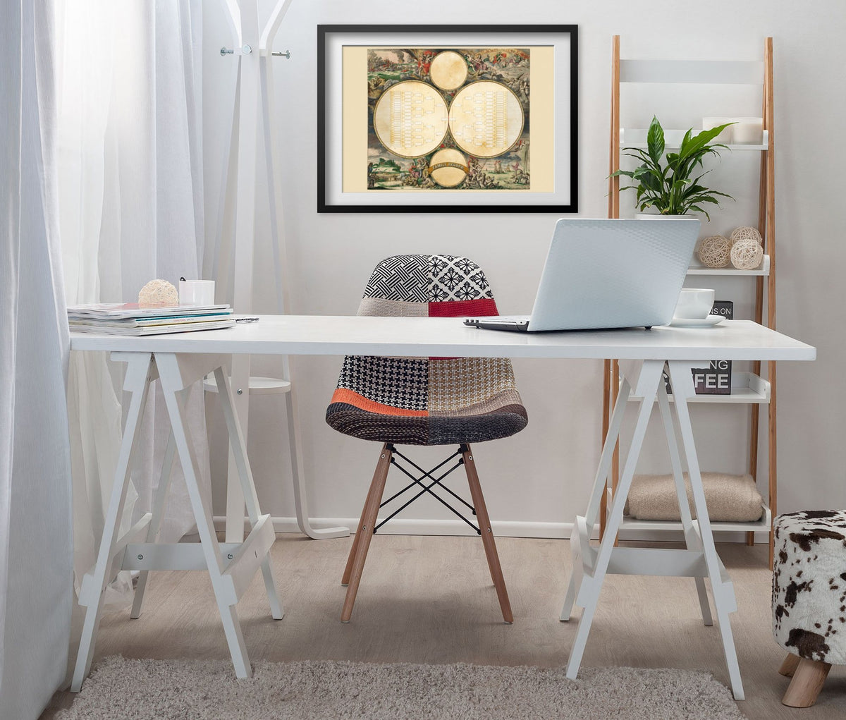 Family Record Map framed above a white desk in a home office