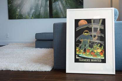 Farmers Wanted on Mars poster in a white frame leaning beside a blue sofa