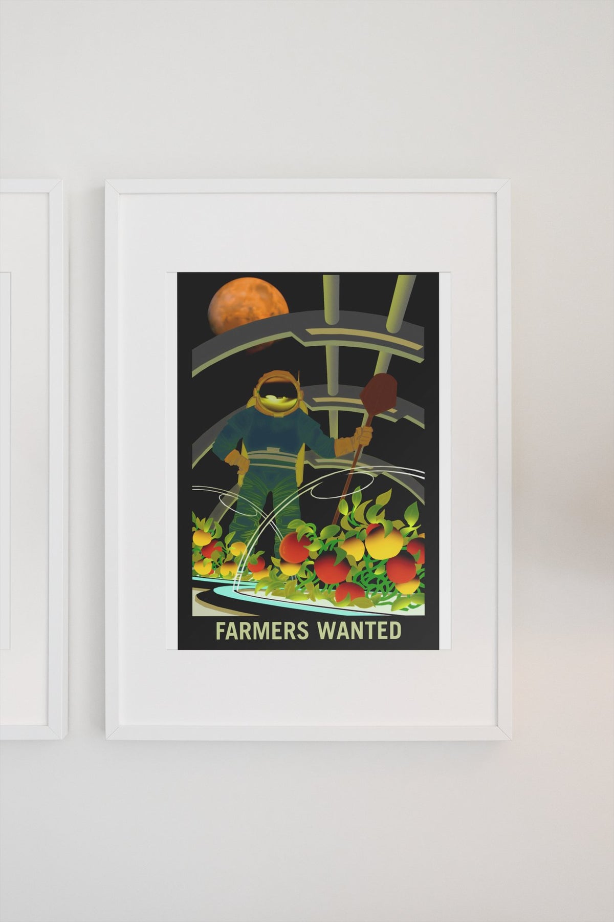 Farmers Wanted on Mars poster in a white frame on a light wall