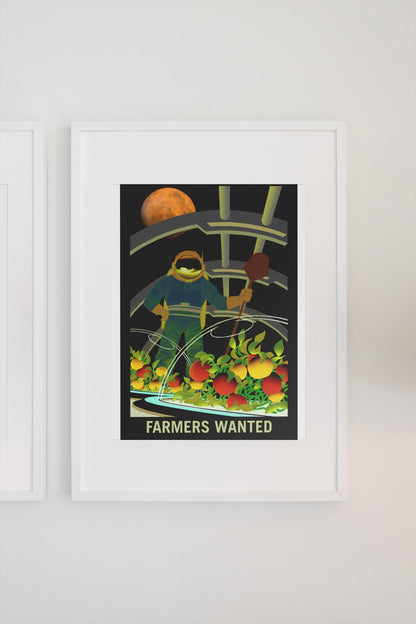 Farmers Wanted on Mars poster in a white frame on a light wall