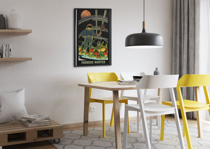 Farmers Wanted on Mars poster framed above a dining table