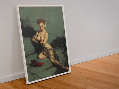 Fascination by Gil Elvgren, pin-up poster — leaning frame