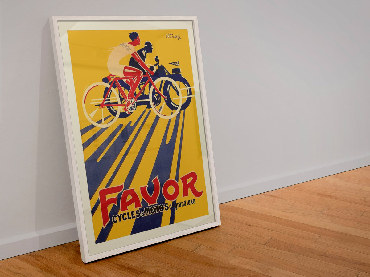 Favor Cycles & Motos poster in a white frame leaning against a wall