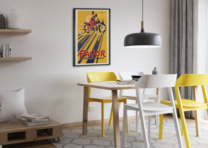 Favor Cycles & Motos poster framed above a dining table