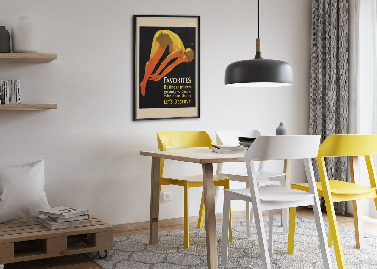 Favorites poster framed above a dining table