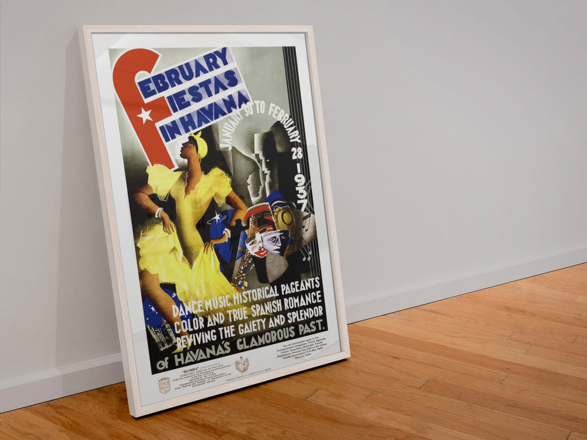 February Fiestas Havana 1937 poster in a white frame leaning against a wall
