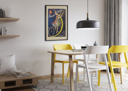 Fernand Clement Cycles poster framed above a dining table
