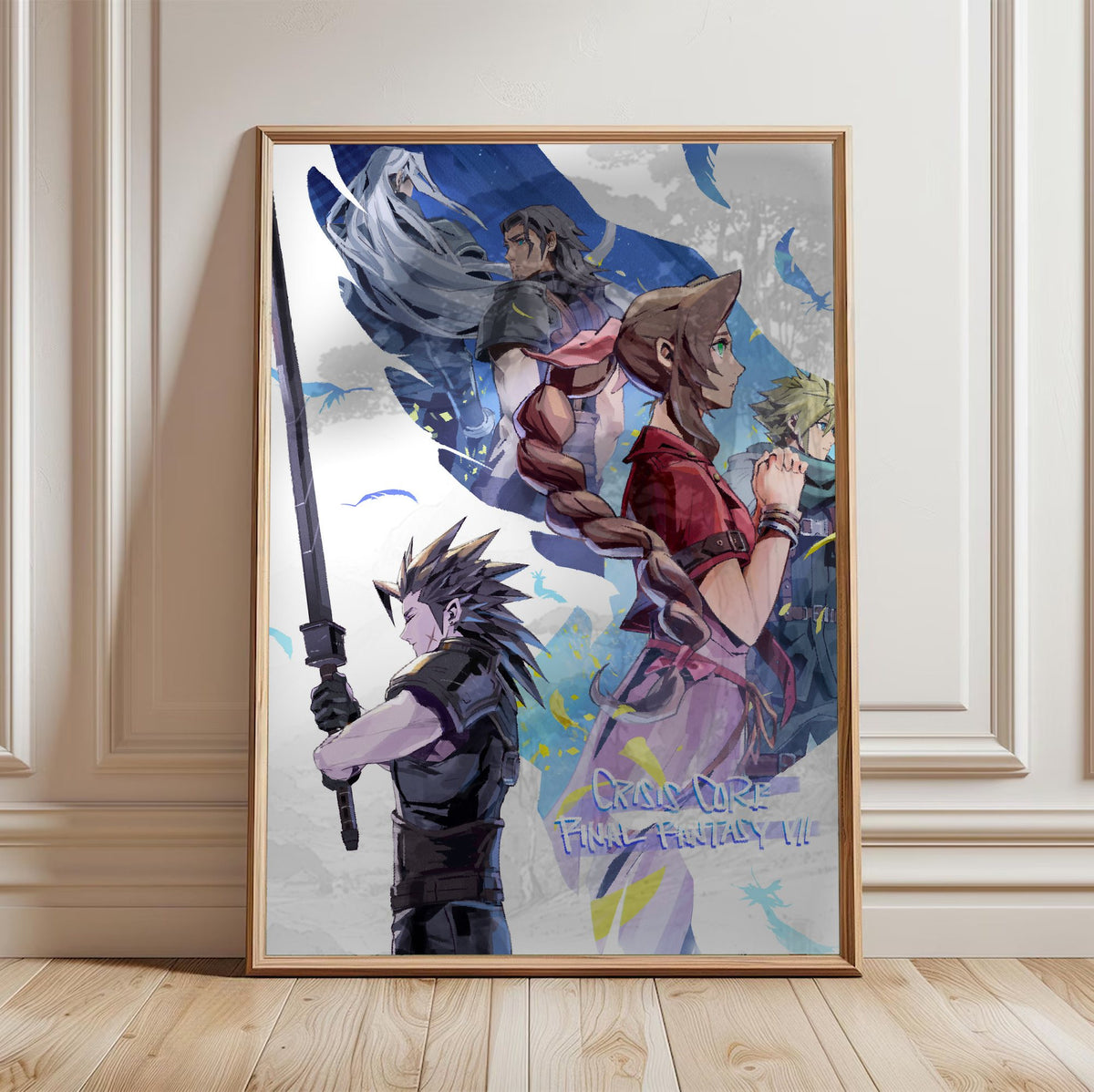 FF7 Ever Crisis Crisis Core Conclusion Art poster in a light oak frame leaning against a white wall