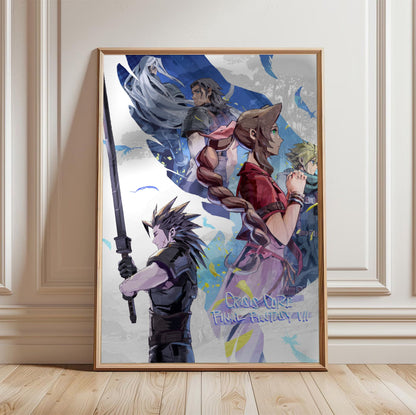 FF7 Ever Crisis Crisis Core Conclusion Art poster in a light oak frame leaning against a white wall