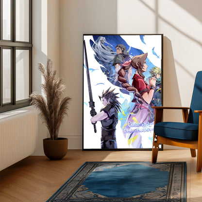 FF7 Ever Crisis Crisis Core Conclusion Art poster framed beside a blue armchair in a sunlit room