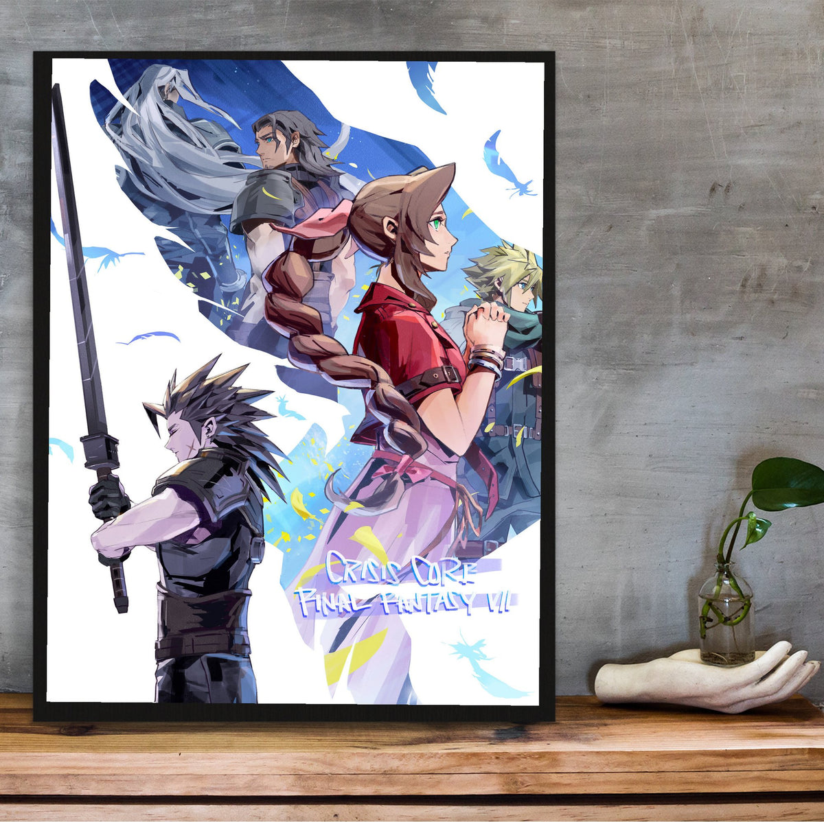 FF7 Ever Crisis Crisis Core Conclusion Art poster in a black frame on a wooden shelf against concrete