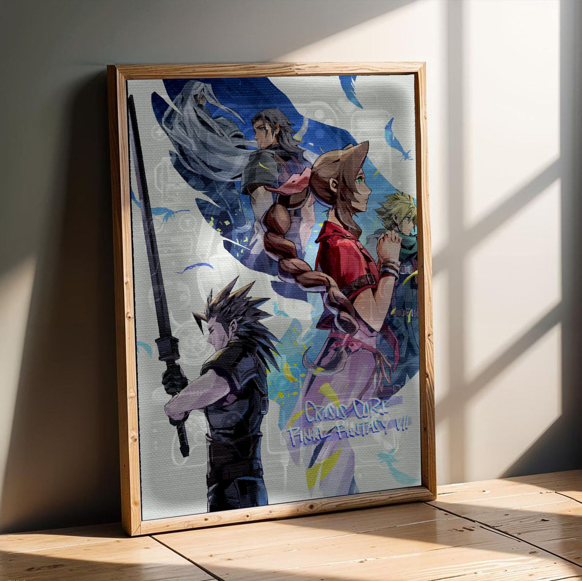FF7 Ever Crisis Crisis Core Conclusion Art poster in an oak frame leaning on a wooden floor