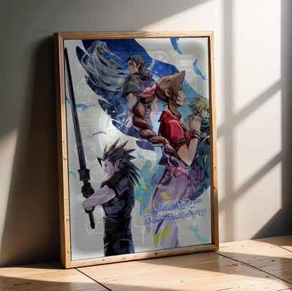 FF7 Ever Crisis Crisis Core Conclusion Art poster in an oak frame leaning on a wooden floor