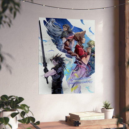 FF7 Ever Crisis Crisis Core Conclusion Art poster unframed on a white wall above a desk
