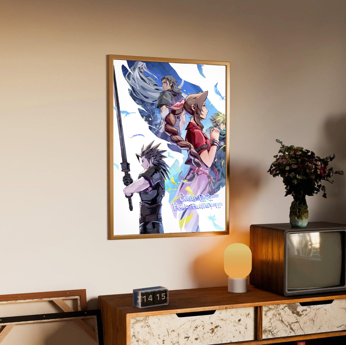 FF7 Ever Crisis Crisis Core Conclusion Art poster in an oak frame above a sideboard