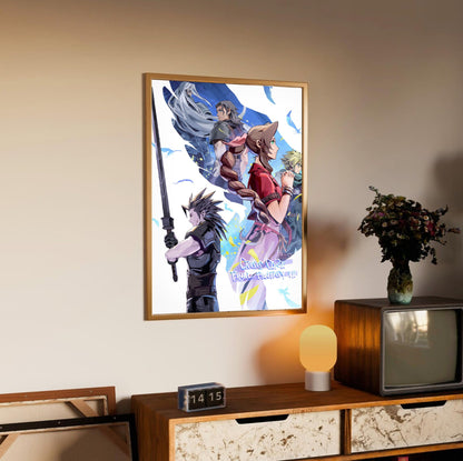 FF7 Ever Crisis Crisis Core Conclusion Art poster in an oak frame above a sideboard