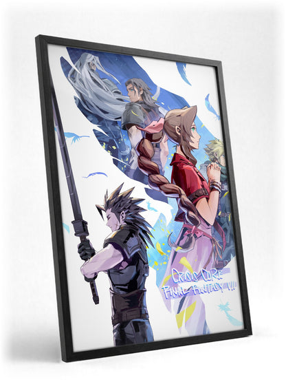 FF7 Ever Crisis Crisis Core Conclusion Art poster in a black frame with glass leaning against a wall