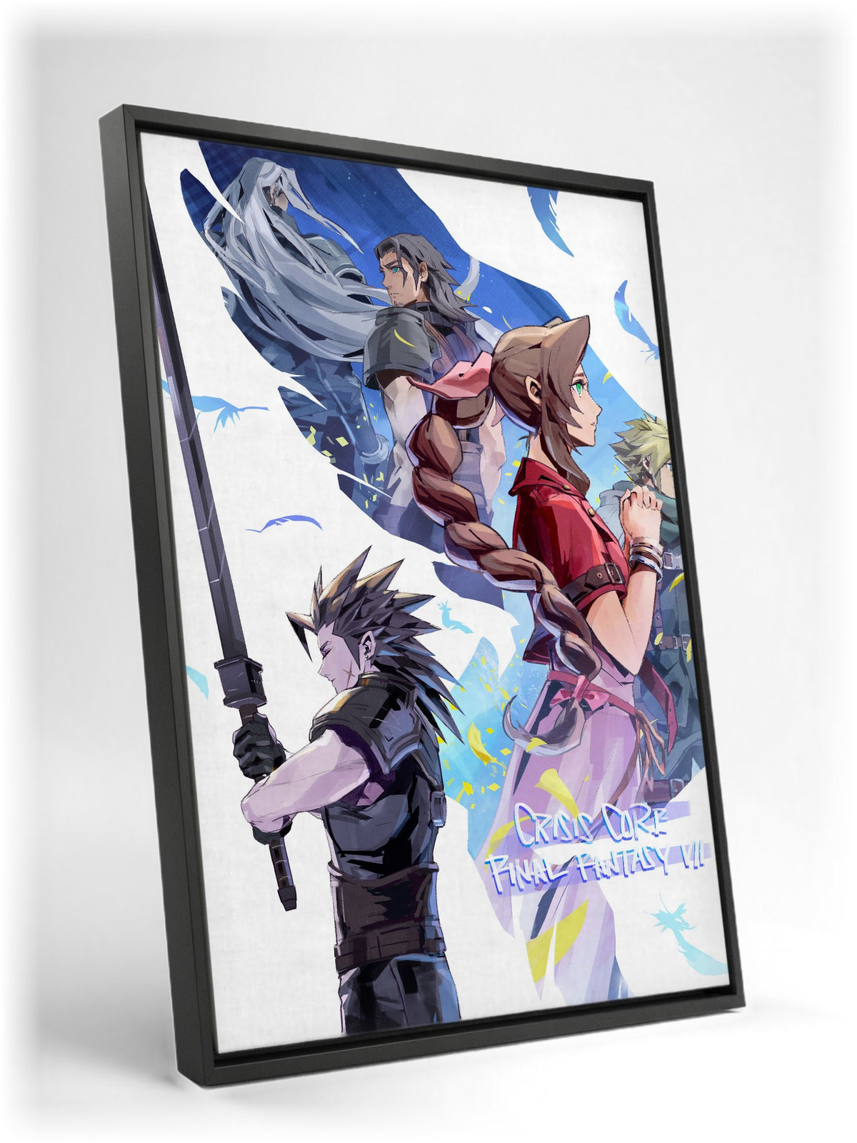 FF7 Ever Crisis Crisis Core Conclusion Art as a black floater framed canvas leaning against a wall